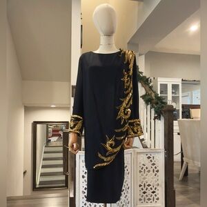 Vintage Bob Mackie Evening Black Dress with Gold Beaded Appliqué | Size 12